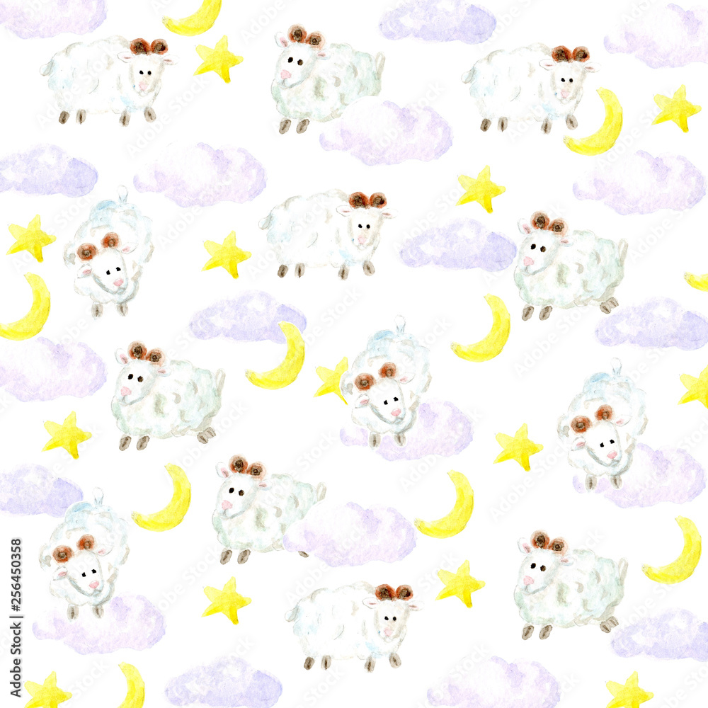 Watercolor sheeps, stars, moon and clouds background