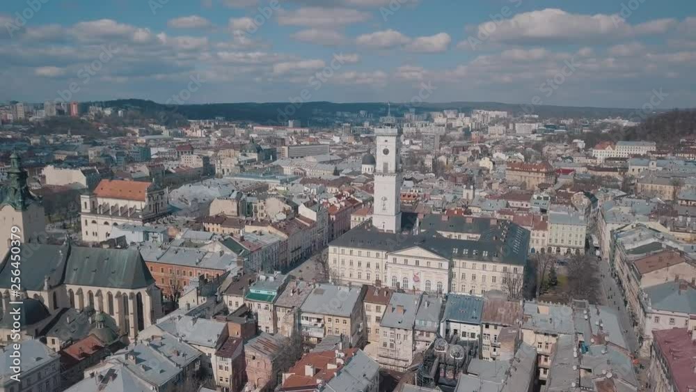 Aerial City Lviv, Ukraine. European City. Popular areas of the city. Rooftops Aerial City Lviv, Ukraine. European City. Popular areas of the city. Rooftops