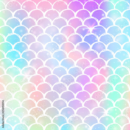 Kawaii mermaid background with princess rainbow scales pattern. Fish tail banner with magic sparkles and stars. Sea fantasy invitation for girlie party. Hipster kawaii mermaid backdrop.