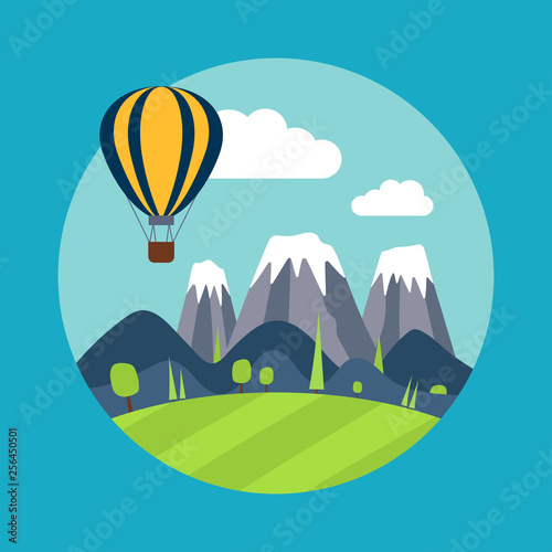 print with mountains and balloon