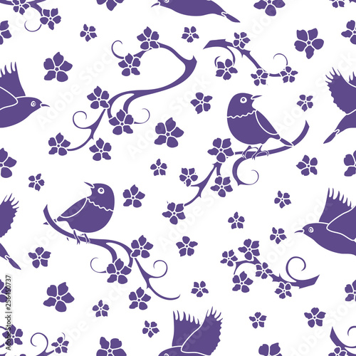 Seamless pattern with sakura branches, birds.