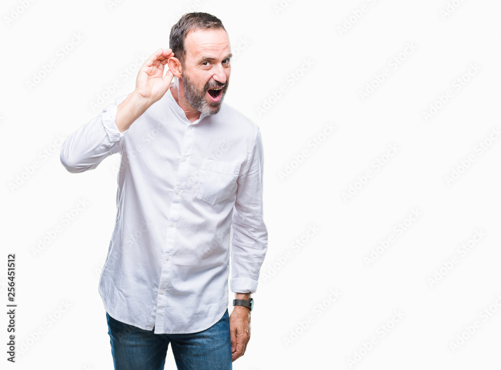 Middle age hoary senior man over isolated background smiling with hand over ear listening an hearing to rumor or gossip. Deafness concept. Middle age hoary senior man over isolated background smiling with hand over ear listening an hearing to rumor or gossip. Deafness concept.