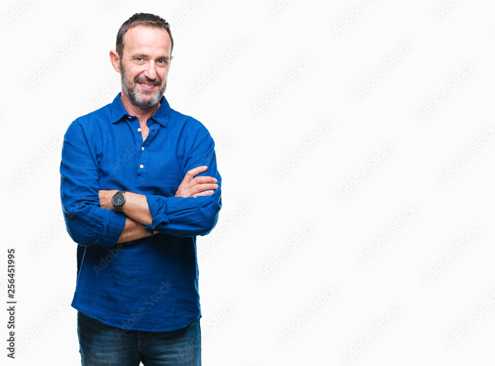 Middle age hoary senior man over isolated background happy face smiling with crossed arms looking at the camera. Positive person. Middle age hoary senior man over isolated background happy face smiling with crossed arms looking at the camera. Positive person.