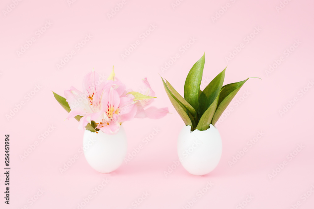 Obraz premium Happy Easter, decor, Easter decor, egg, background, flowers, Easter concept, copy space, top view, minimal Premium Photo