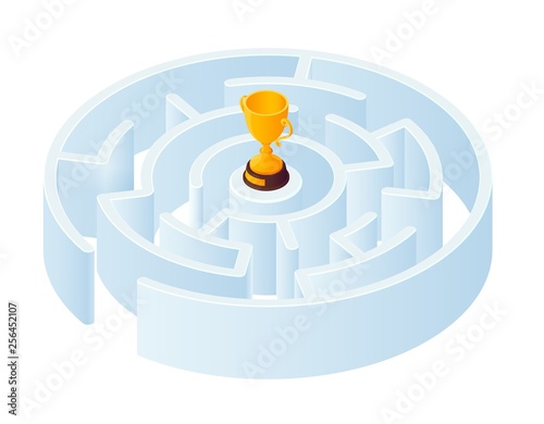 Labyrinth maze symbol. 3D isometric shape. Round Labyrinth on white background with a golden winner cup at the center. The symbol of victory and achievement of the goal. Vector Illustration.