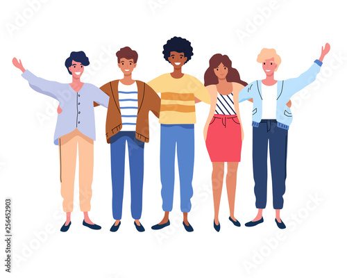 Happy people group portrait. Friends waving hands, embracing each other vector illustration