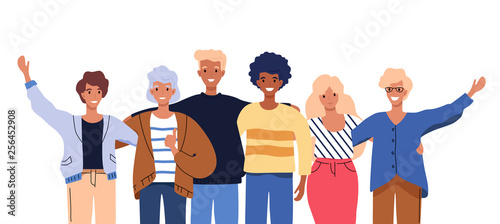Happy people group portrait. Friends waving hands, embracing each other vector illustration