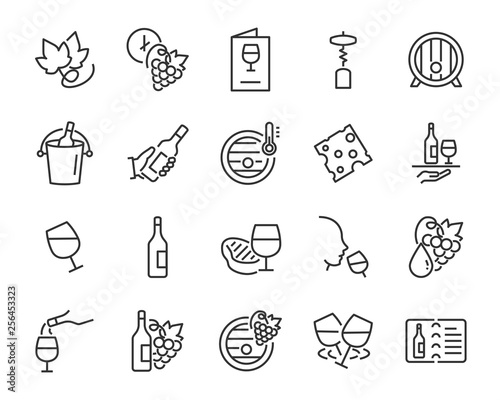 set of wine icon, such as grape, cheese, barrel, bottle, glass