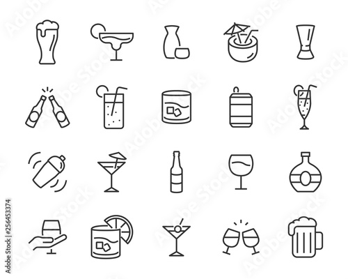 set of alcohol icons, such as wine, champagne, beer, whisky, cocktail, glass