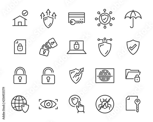 set of security icons, such as guard, cyber lock, unlock, shield, key