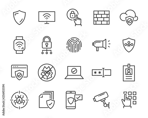 set of security icons, such as guard, cyber lock, unlock, shield, key