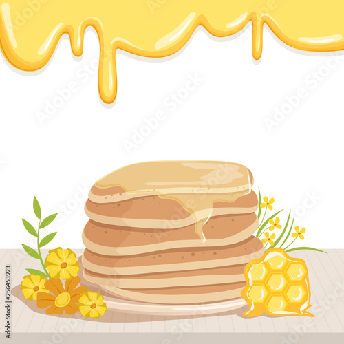 Stack of tasty pancakes watered with honey, cute yellow flowers and honeycomb on table. Delicious dessert. Flat vector design for promo poster or invitation card