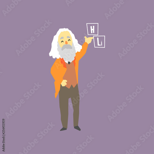 Famous Russian chemist - Dmitri Mendeleev. Inventor of the periodic table of elements. Smiling gray-haired man character with beard. Cartoon flat vector design