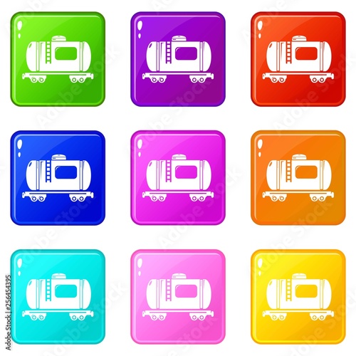 Gasoline railroad tanker icons set 9 color collection isolated on white for any design