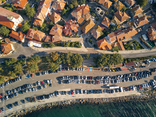Aerial view of tile roofs of old Nessebar, ancient city, Bulgaria