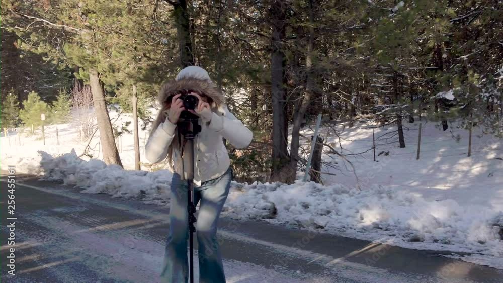 Sweeping shot of a woman taking photos with a DSLR camera in a white winter coat standing on the road next to trees and a forest in Washington, DC. Sweeping shot of a woman taking photos with a DSLR camera in a white winter coat standing on the road next to trees and a forest in Washington, DC.