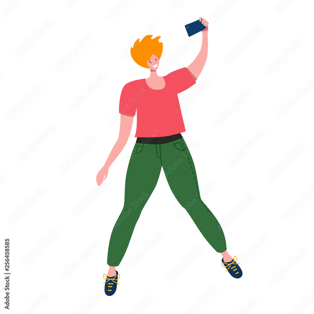 Jumping man, smile and taking selfie for social media holding camera in hand vector illustration