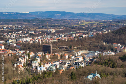 Karlovy Vary, Czech Republic - March 04, 2019: Aerial view of the city and the mountains on the horizon © KURLIN_CAfE
