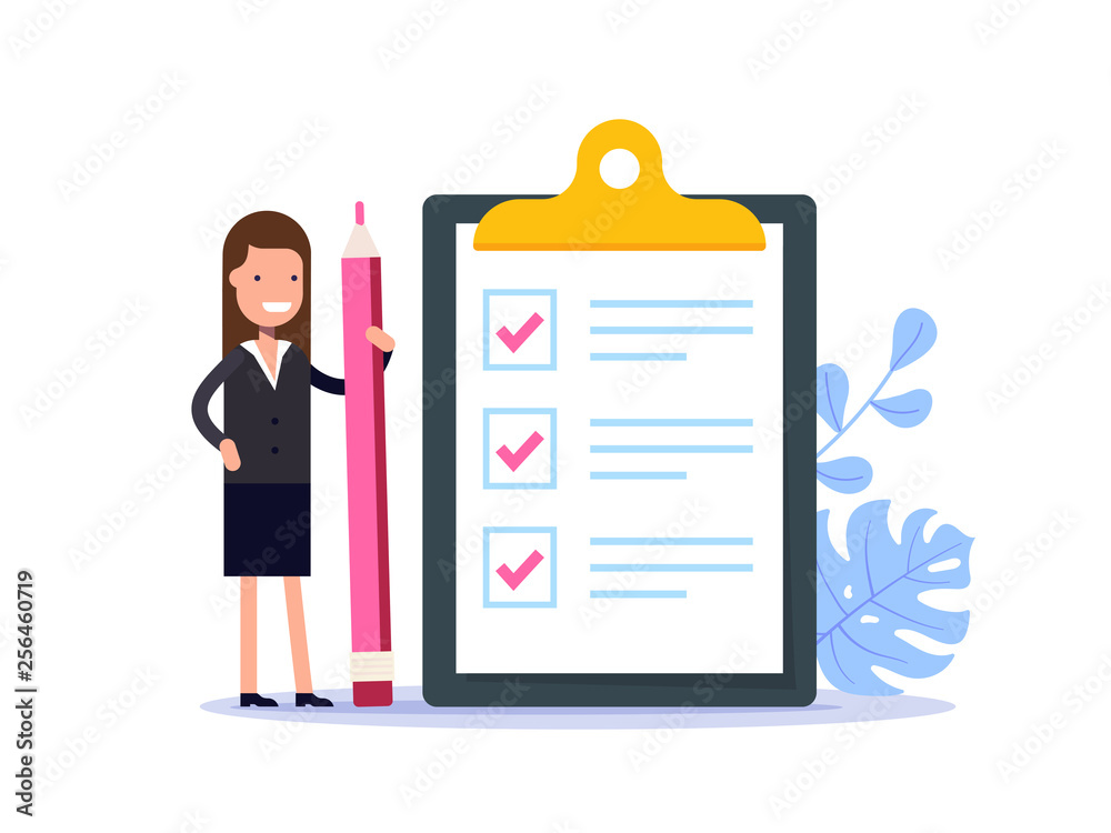 Positive business woman with a giant pencil nearby marked checklist on a clipboard paper. Successful completion of business tasks. Flat vector illustration. Positive business woman with a giant pencil nearby marked checklist on a clipboard paper. Successful completion of business tasks. Flat vector illustration.
