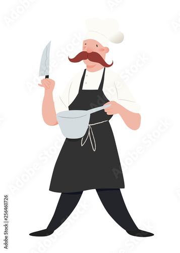 Chef. Man in apron and the chefs hat. Employee of kitchen with moustaches, knife and pan in standing pose. Character illustration isolated on white background. People vector illustration in flat.