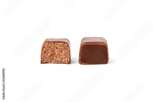 Chocolate sweets with praline isolated on white background.
