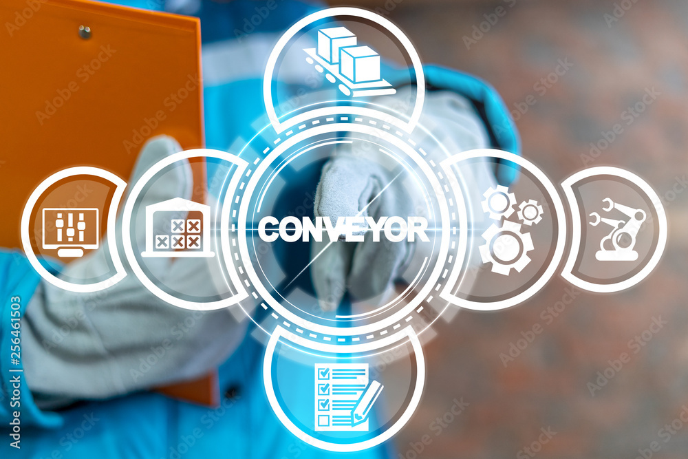 Engineer uses on a virtual screen of the future and touches the word: conveyor. Conveyor belt factory concept. Automated manufacturing production line. Engineer uses on a virtual screen of the future and touches the word: conveyor. Conveyor belt factory concept. Automated manufacturing production line.
