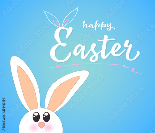 Cute Easter rabbit. Lettering Happy Easter on blue background  illustration.