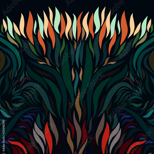 intricate pattern on a dark background, similar to a fiery plant