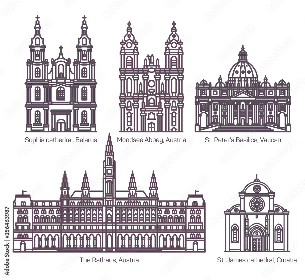 Set of isolated cathedral architecture line signs
