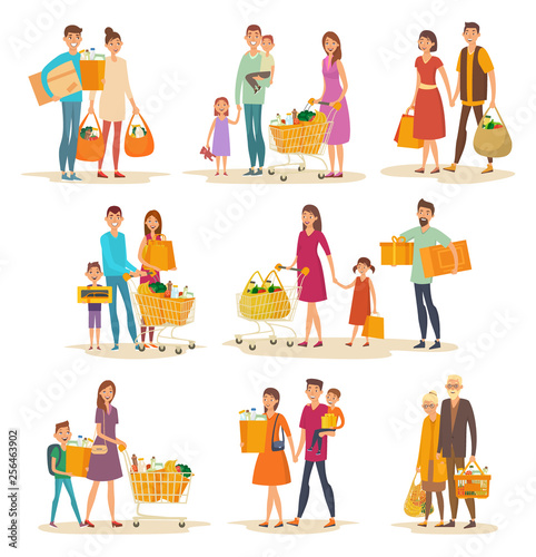 Set of isolated people family at supermarket