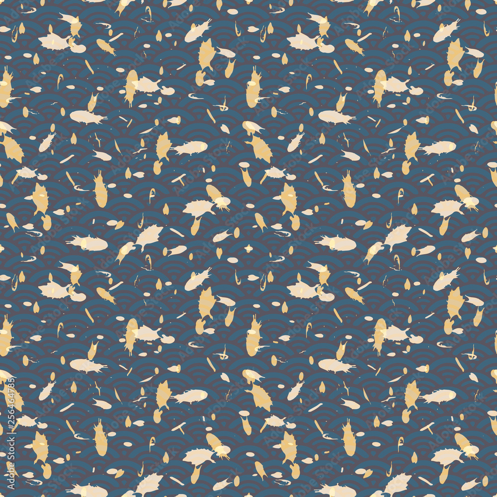 Seamless repeat pattern design, vector illustration of dots and spatters drawn on waves background in shades of cream, yellow, grey and smoky blue. Seamless repeat pattern design, vector illustration of dots and spatters drawn on waves background in shades of cream, yellow, grey and smoky blue.
