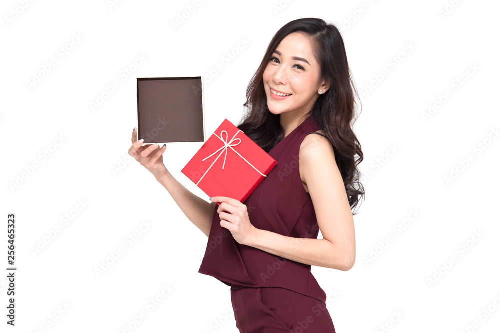 Asian woman holding and showing red gift box and open the box with space to put products isolated on white background Asian woman holding and showing red gift box and open the box with space to put products isolated on white background