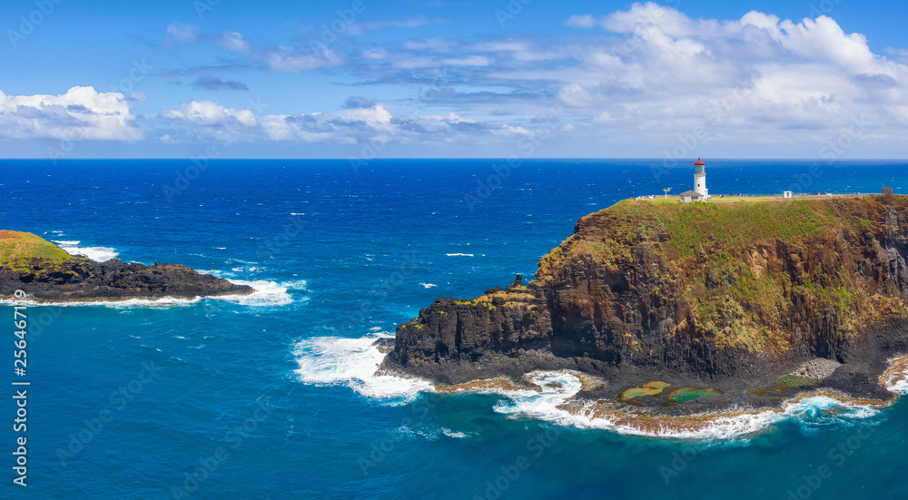 lighthouse in hawaii on rocks with coastline