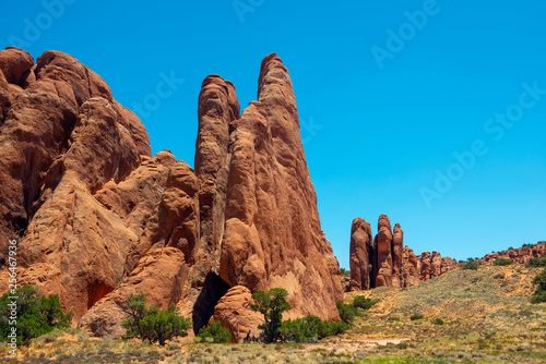 Mesa and Butte landscape at Sand Dune Arch in Arches National Park, Moab, Utah, USA.
