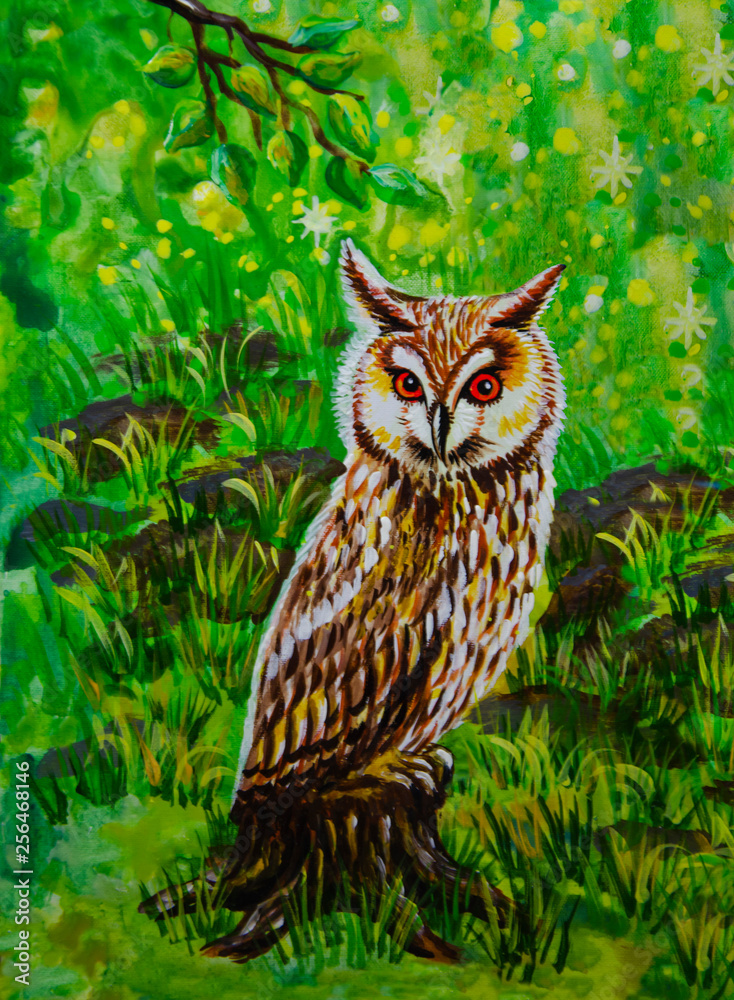 Obraz premium Owl sitting on the grass in the forest - watercolor painting
