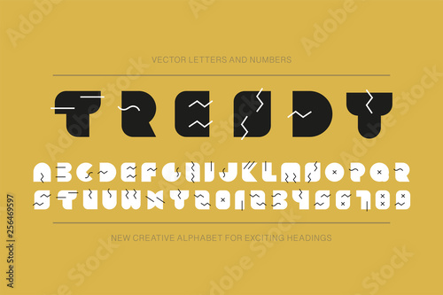 Modern stylized font - vector minimalistic memphis design. Trendy english alphabet - creative latin letters and numerals