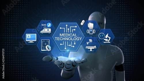 Robot, cyborg opens palm, 'MEDICAL TECHNOLOGY' and various future medical vector icon in hexagon, 4k animation.