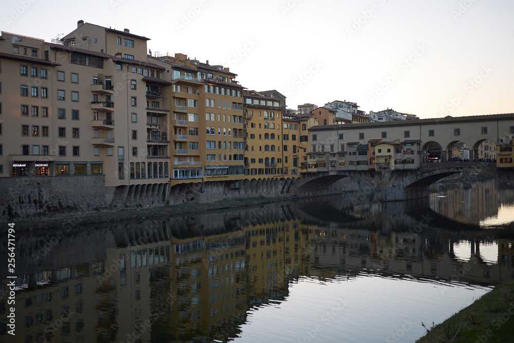 Florence, Italy - February 27, 2019 : view of North Florence and Ponte vecchio from Lungarno diaz