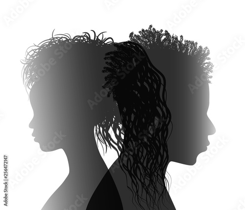 Isolated African American couple silhouette. Divorced man and woman. Divorce concept. End of the wedding. Separation between groom and bride