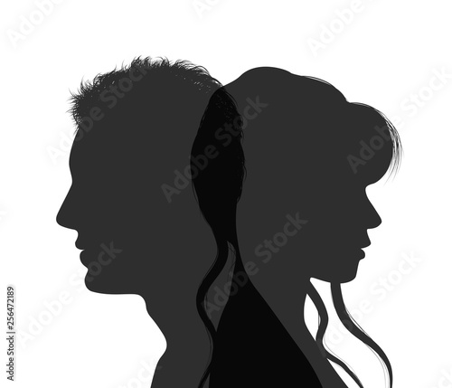 Isolated couple silhouette. Divorce concept. End of the wedding. Separation between groom and bride. Divorced man and woman
