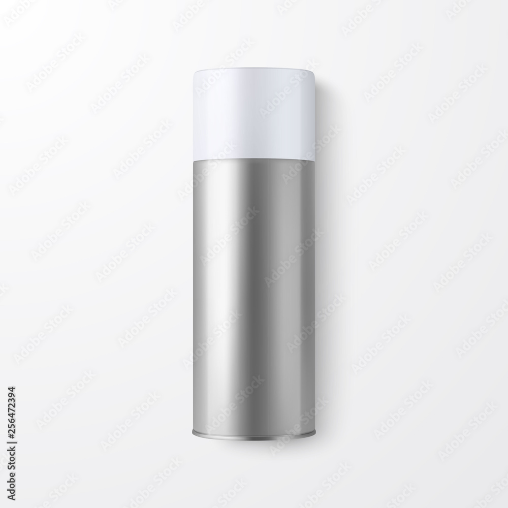 Vector 3d Realistic Silver Blank Spray Can, Spray Bottle Closeup Isolated on White Background. Design Template of Sprayer Can for Mock up, Package, Advertising, Hairspray, Deodorant. Top View Vector 3d Realistic Silver Blank Spray Can, Spray Bottle Closeup Isolated on White Background. Design Template of Sprayer Can for Mock up, Package, Advertising, Hairspray, Deodorant. Top View