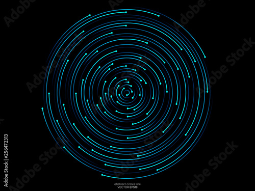Abstract orbits circle ring movement line in blue green light isolated on black background. Vector graphic in concept AI technology, science, music