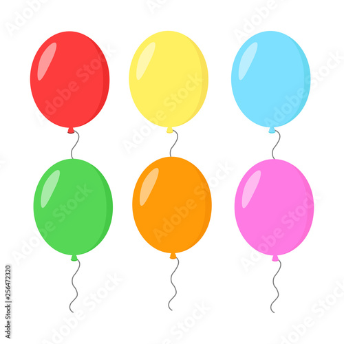 Bunch of air balloons, group of ball with ribbon isolated on white background. Colorful. Happy Birthday, holidays, party concept. Vector flat illustration.