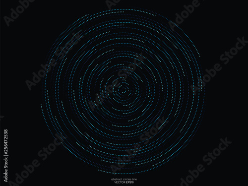 Abstract orbits circle ring movement dots line in blue green light isolated on black background. Vector graphic in concept AI technology, science, music
