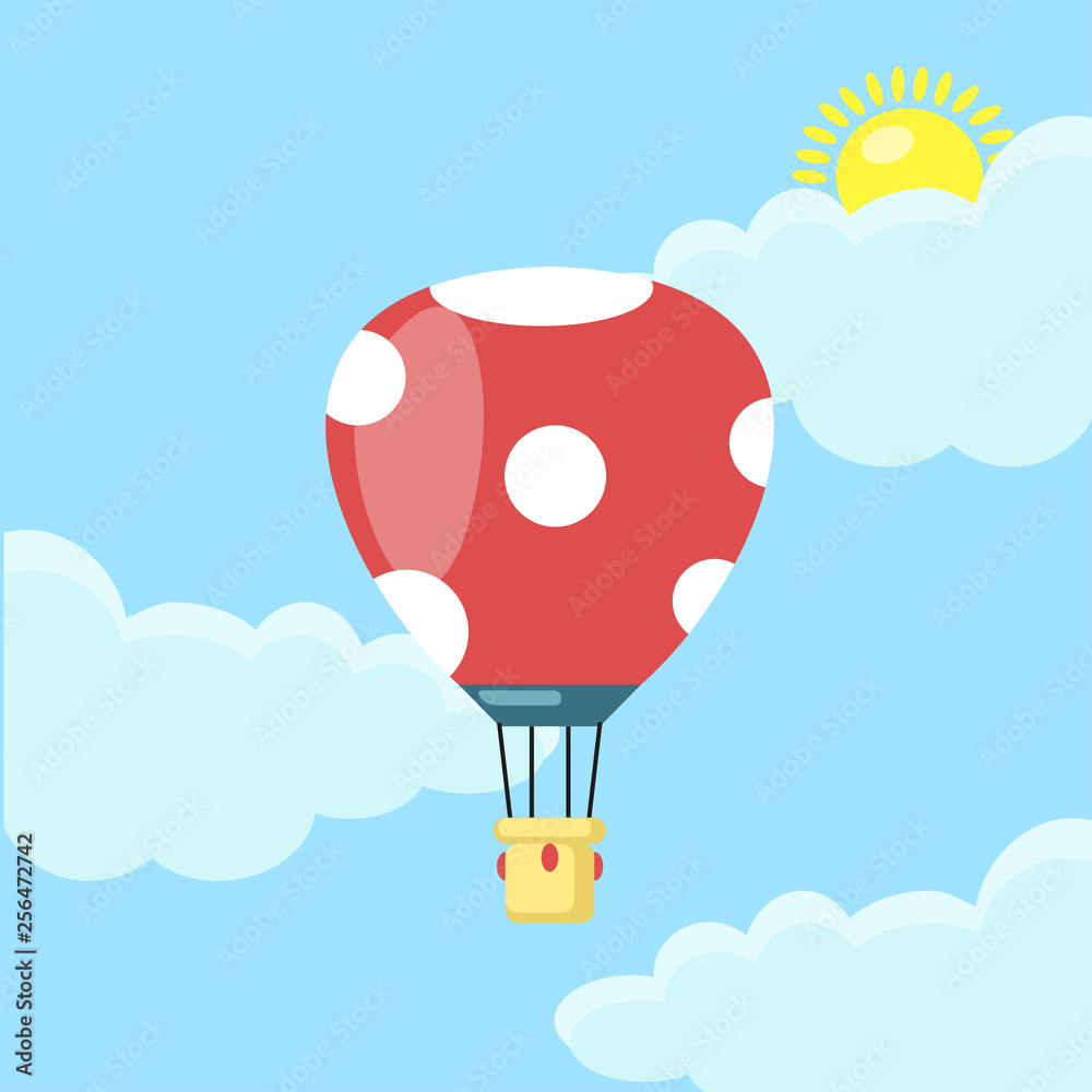 Fototapeta premium Hot air balloon in the sky with clouds isolated on blue background. Aerospace with basket. Flat cartoon design. Vector illustration.