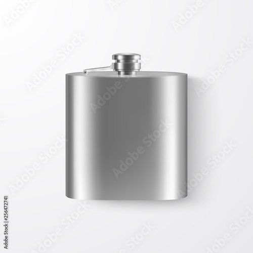 Vector 3d Realistic Silver Blank Stainless Steel Hip Flask Closeup Isolated on White Background. Design Template of Metal Flask for Mock up, Package, Advertising, Logo etc. Top View