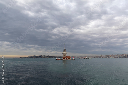 Maiden Tower (Tower of Leandros, Turkish: Kiz Kulesi) tranquil scenery at the entrance to Bosporus Strait in Istanbul, Turkey (KIZ KULESI – SALACAK-USKUDAR) © yusuftatliturk