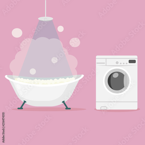 Bathtub full of foam with bubbles and home washing machine isolated on background. Bath and tropical shower. Bathroom interior. Equipment for spa, bathing. Laundry. Landromat icon. Vector flat design