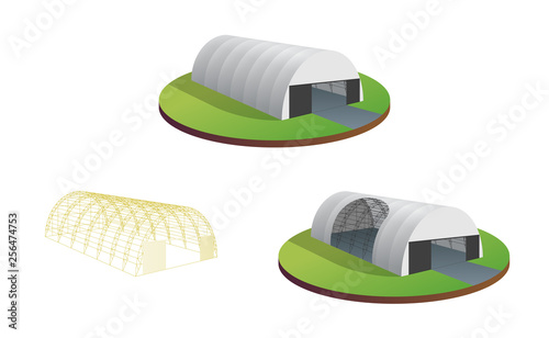 Awning tarpaulin tent temporary warehouse exhibition tunnel hall aircraft hangar. Barn construction building wireframe. Clear cut frame. Vector isometric illustration