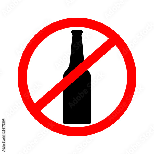 Craft beer bottle icon with forbidden sign isolated on white background. Alcoholic drinks concept. Vector flat illustration.